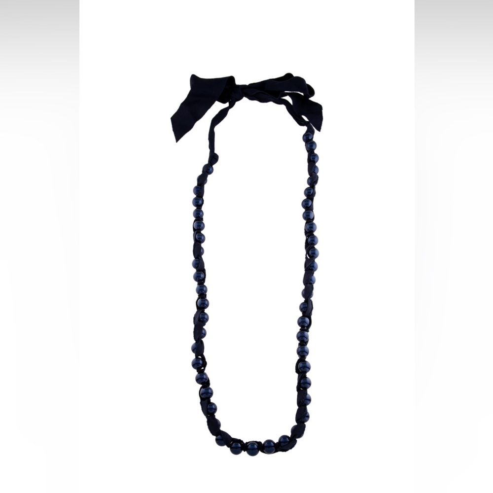 Lanvin Iconic Navy Grosgrain Ribbon & Pearls Necklace Tie Closure Authentic